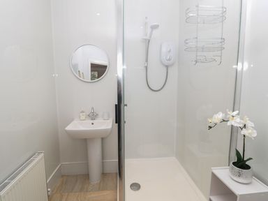 A bathroom with a pedestal sink round mirror shower area and a white flower plant on a small shelf at St Aidans in Alnwick
