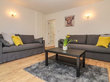 A living room with two gray sofas yellow and gray pillows a black coffee table with a plant and a gray rug at Harran Annex in Peopleton