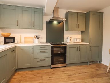 A kitchen with green cabinets a stove microwave toaster kettle and wooden floor at Harran Annex in Peopleton