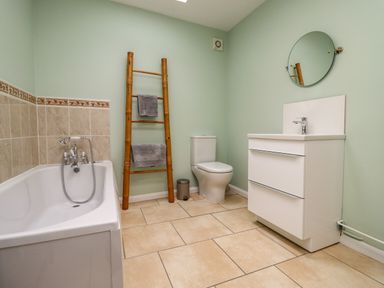 A bathroom with a bathtub sink with cabinet toilet and towel ladder at Harran Annex in Peopleton