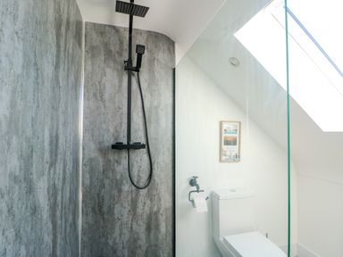 A bathroom with a shower and toilet at Iscoed in Rhosneigr