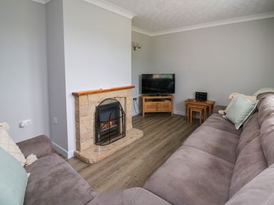 A living room with two sofas a fireplace a television on a wooden stand and nesting tables at Ashdale in Bwlch-y-sarnau near Rhayader