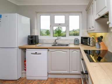 A kitchen with a refrigerator dishwasher sink stovetop toaster and microwave at Ashdale in Bwlch-y-sarnau near Rhayader