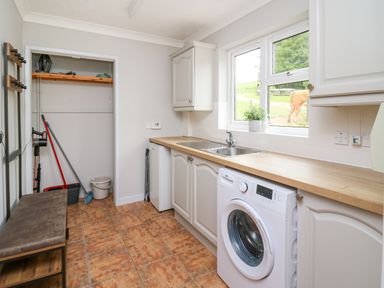 A utility room with a washing machine sink countertop and cleaning supplies at Ashdale in Bwlch-y-sarnau near Rhayader