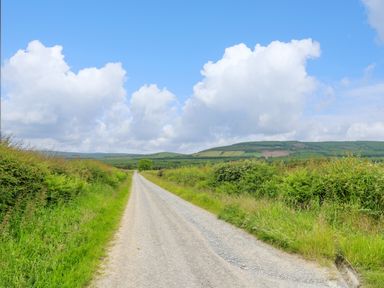 A gravel road flanked by green bushes leading towards hills under a blue sky with clouds at Ashdale in Bwlch-y-sarnau near Rhayader