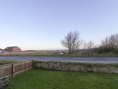A fenced yard with grass and a stone wall next to a road and a field with trees at 2A The Anchorage in Beadnell
