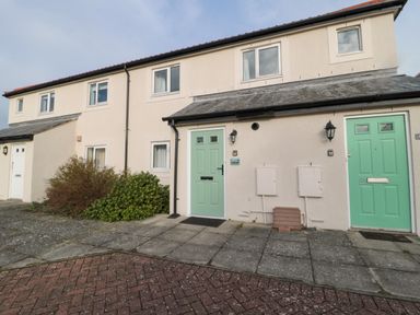 A row of houses with green and white doors and windows and bushes in front at 2A The Anchorage in Beadnell