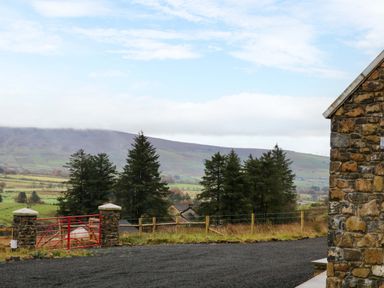 A rural landscape with trees a red metal gate stone pillars and a stone building at The Croft in Newtown-Crommelin near Cloughmills