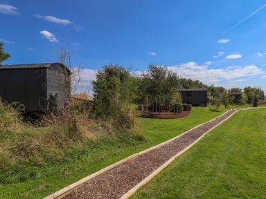 A pathway with wood chips bordered by grass leading to small black cabins among trees and bushes at Southdown Luxury Glamping in Nottingham