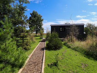 A gravel path with trees and shrubs leading to a small black cabin in a grassy area at Southdown Luxury Glamping Nottingham