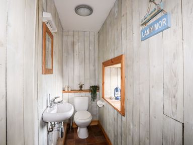 A small bathroom with a toilet and sink with wood panel walls at East Point Lynas Lighthouse Keeper's Cottage in Llaneilian near Amlwch