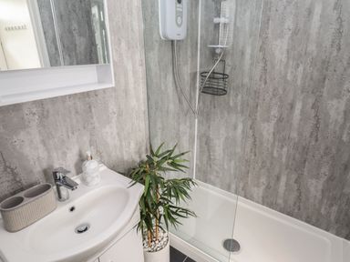 A bathroom with a white sink basin a small plant in a white pot and a bathtub with a glass shower screen at 39 Cherry Park in Chapel St Leonards