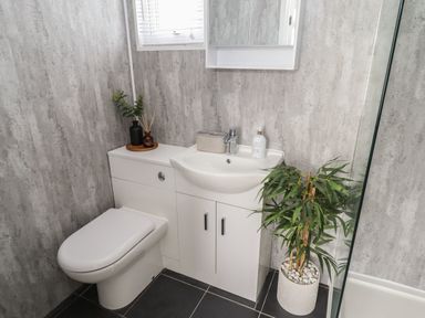 A bathroom with a toilet a sink with storage cabinets a potted plant and small vases on top at 39 Cherry Park in Chapel St Leonards