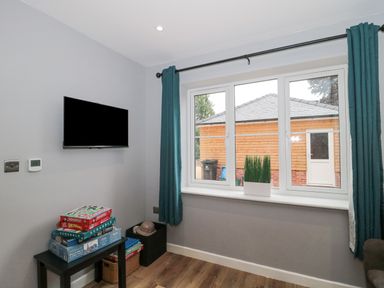 A room with a wall mounted television game boards on a small table a window with blue curtains and a planter on the windowsill at Ranbir House in Longhope