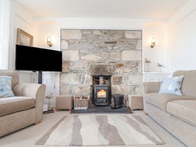 A living room with a stone fireplace and wood stove between two beige sofas with bird patterned cushions at Crab Pot Cottage in Porthleven