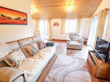 A living room with a leather sofa and armchair with cushions a rug a wooden TV stand and paintings at Kantankye Lodge Thorpe St Peter near Wainfleet All Saints