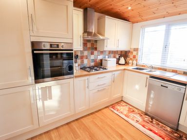 A kitchen with white cabinets a built-in oven a gas stove a metal dishwasher a sink under a window and a wooden ceiling at Kantankye Lodge in Thorpe St Peter near Wainfleet All Saints