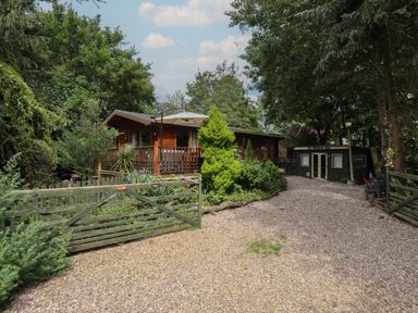 A gravel driveway with a wooden fence gate leading to a wooden cabin surrounded by trees and shrubs at Kantankye Lodge Thorpe St Peter near Wainfleet All Saints
