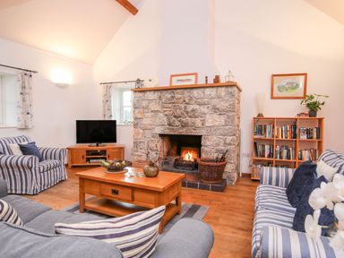 A living room with a stone fireplace wooden furniture striped sofas and a bookshelf at Rhyd Y Bont Bach in Rhoscolyn