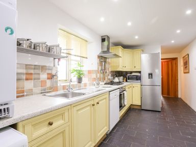 A kitchen with yellow cabinets stainless steel appliances and a tiled backsplash at Rhyd Y Bont Bach in Rhoscolyn