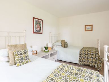 A bedroom with two single beds with patterned throws and pillows a nightstand with a plant and lamps and two framed pictures on the wall at Rhyd Y Bont Bach in Rhoscolyn