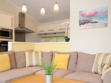 A living room with a beige sofa yellow and striped cushions a wooden coffee table with a plant kitchen area with hanging lights and appliances in the background at Hideaway Lodge Bossiney near Tintagel