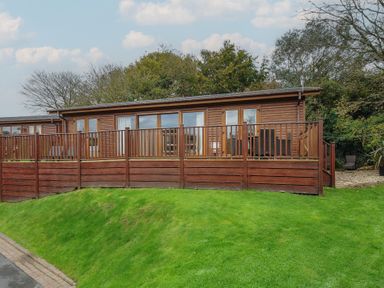 A wooden lodge with a fenced deck on a grassy slope surrounded by trees at Hideaway Lodge in Bossiney near Tintagel