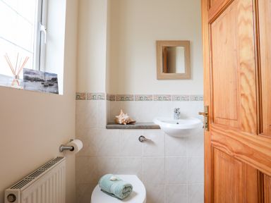 A small bathroom with a white sink a mirror a wooden door and a toilet with a green towel at Bwthyn in Borth-y-Gest near Porthmadog