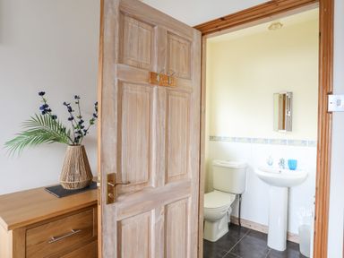 A bathroom with a toilet and pedestal sink viewed through a partially open wooden door with a wooden dresser and vase with flowers beside it at Bwthyn in Borth-y-Gest near Porthmadog