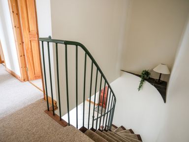 A stairway with a black metal railing and a small shelf holding a lamp and a plant at Bwthyn in Borth-y-Gest near Porthmadog