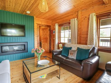 A living room with leather sofas a glass coffee table and a wall-mounted TV at Glenisle in Dalbeattie