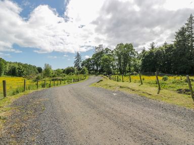 A gravel road curving through green fields with fences and trees under a partly cloudy sky at Glenisle in Dalbeattie