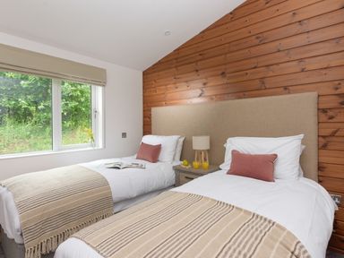 A bedroom with two single beds a bedside table with a lamp and drinks and a window with greenery outside at 4 Valley View in Lanreath