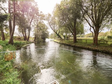 A river flowing between trees with a glass railing along the water at The Happy Hut in Sopley near Christchurch