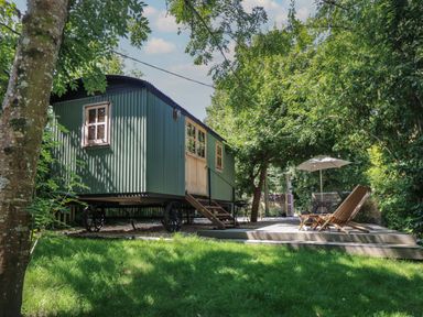A green outdoor cabin on wheels with stairs leading to a wooden deck with chairs and an umbrella surrounded by trees at The Happy Hut in Sopley near Christchurch