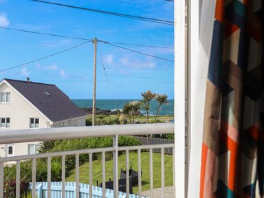A view of a house garden with palm trees and the ocean in the background seen from a window at Seaside Sanctuary in Trearddur Bay
