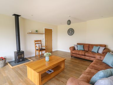 A living room with brown sofas a wooden coffee table a wood burning stove and a wooden chair at Awel y Bryn in Rhayader