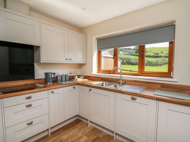 A kitchen with white cabinets wooden countertops a double sink a window with a gray blind and a kettle on the counter at Awel y Bryn in Rhayader