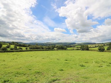 A green field with trees and hills under a partly cloudy sky at Awel y Bryn in Rhayader