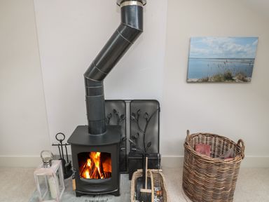 A wood burning stove with firewood and fireplace tools in a room at The Coach House in Bamburgh