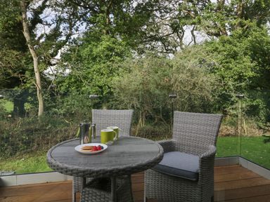 A small outdoor table with two cups a coffee press and a plate of biscuits and strawberries on a wooden deck with two chairs and a glass railing with trees in the background at Bay Tree Lodge in Cartmel
