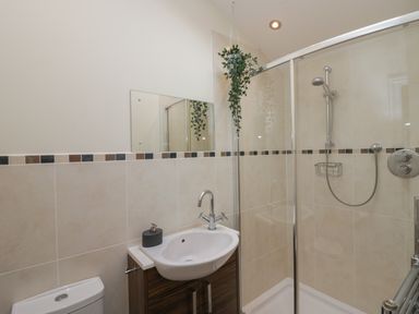 A bathroom with a sink cabinet a mirror a shower enclosure and a hanging plant at Bay Tree Lodge in Cartmel