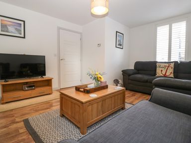 A living room with a gray sofa a wooden coffee table with a vase of flowers a TV on a wooden stand and framed pictures on the wall at Ty Glas in Ogmore-by-Sea near St Brides Major