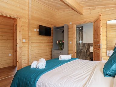 A bedroom with a bed made with white and teal bedding a wall mounted TV a wardrobe with flowers and an open door to a bathroom at Foxglove Lodge in Hittisleigh