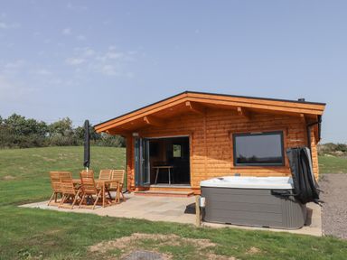 A wooden cabin with an outdoor dining table and chairs and a hot tub on a patio at Foxglove Lodge in Hittisleigh