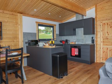 A kitchen with dark cabinets a wooden dining table and a window showing a grassy outside area at Bluebell Lodge in Hittisleigh