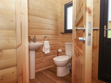 A small bathroom with a toilet and pedestal sink inside a wooden cabin at Bluebell Lodge in Hittisleigh