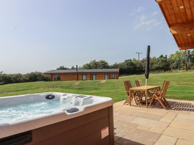 An outdoor patio with a hot tub and wooden table with chairs on a stone floor at Bluebell Lodge in Hittisleigh