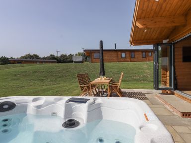 An outdoor patio with a hot tub and wooden table with chairs near a wooden cabin at Bluebell Lodge in Hittisleigh
