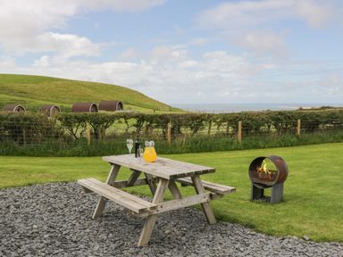 A picnic table with drinks and a fire pit on grass with pod cabins and a hill in the background at Orchard in Dalton-In-Furness